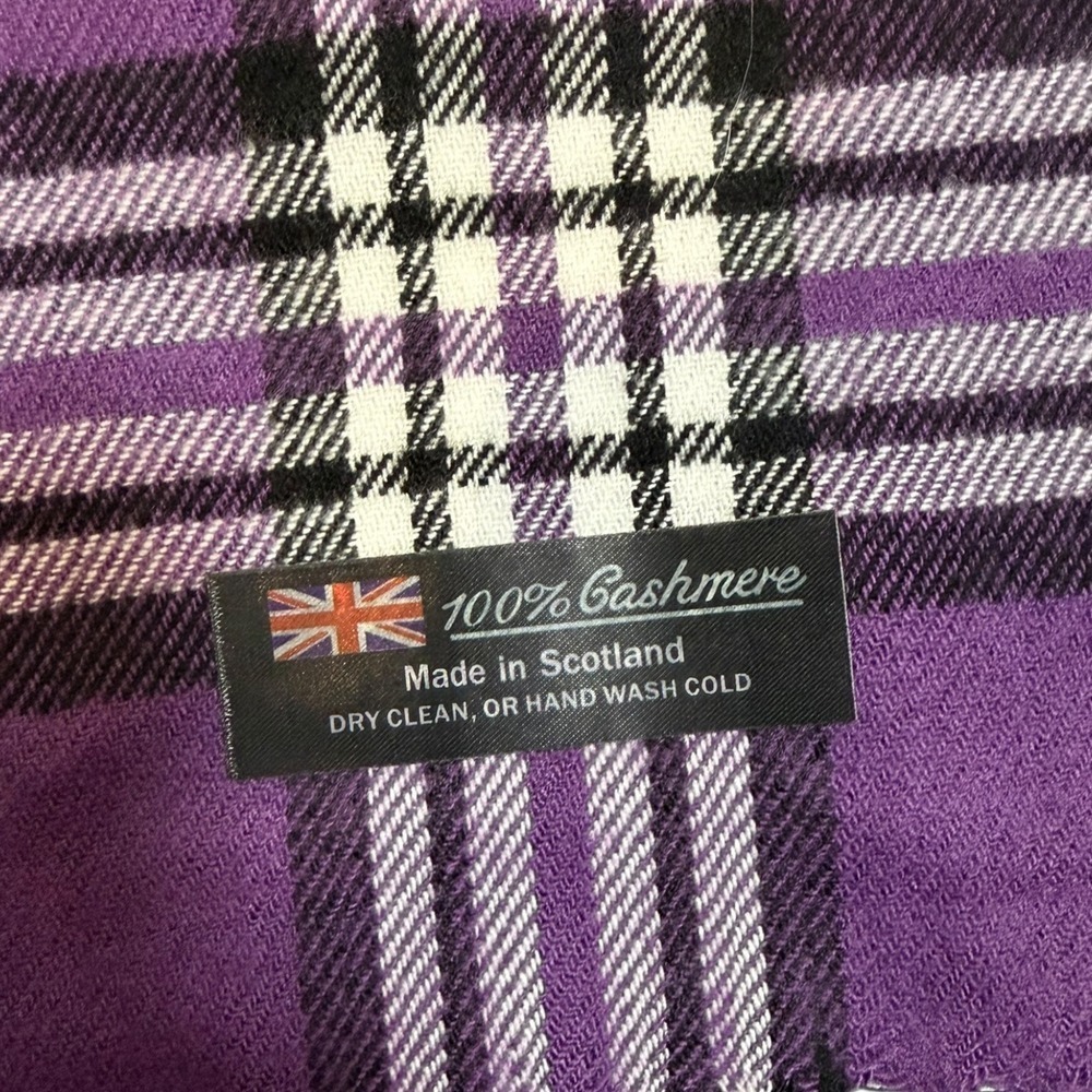 Vintage 100% Cashmere Scarf Made in Scotland Purple Plaid Check Fringe Soft - Picture 3 of 6
